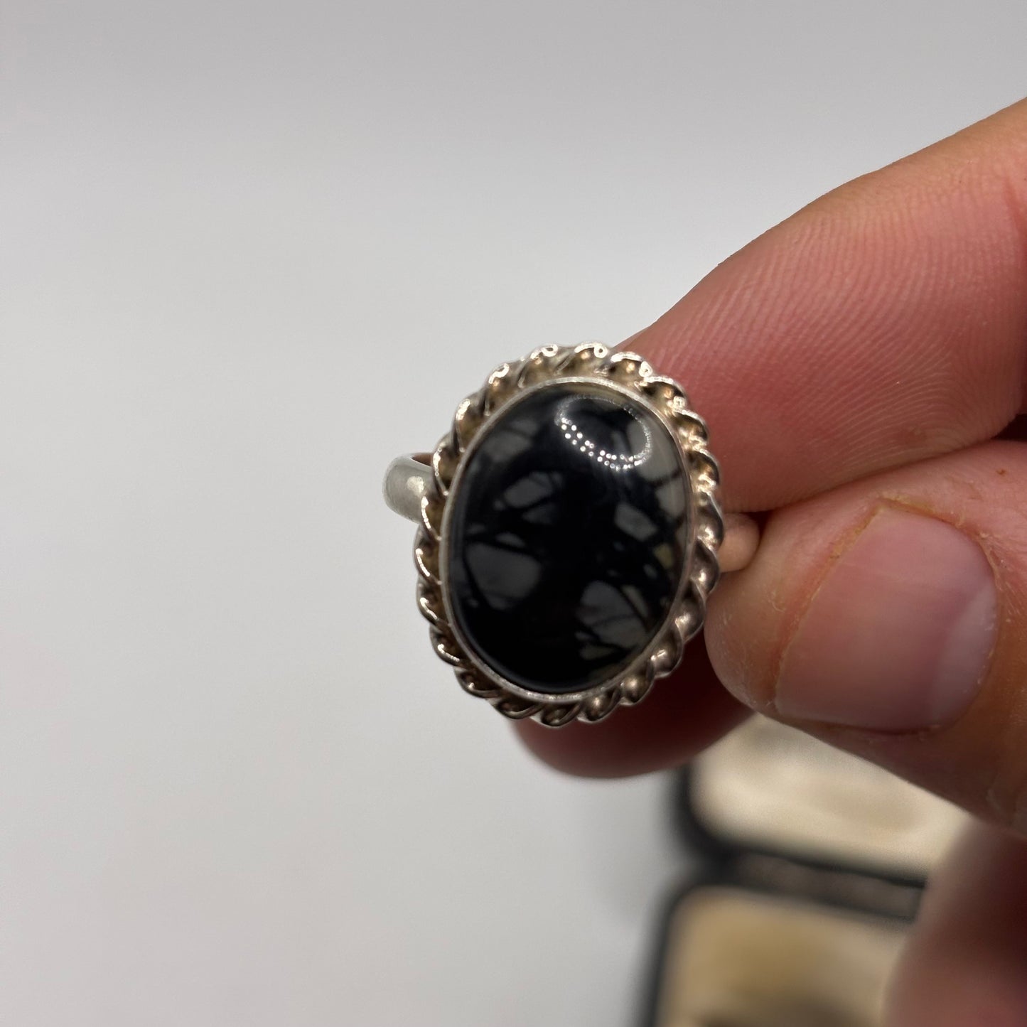 Silver Snowflake Obsidian Ring (S)