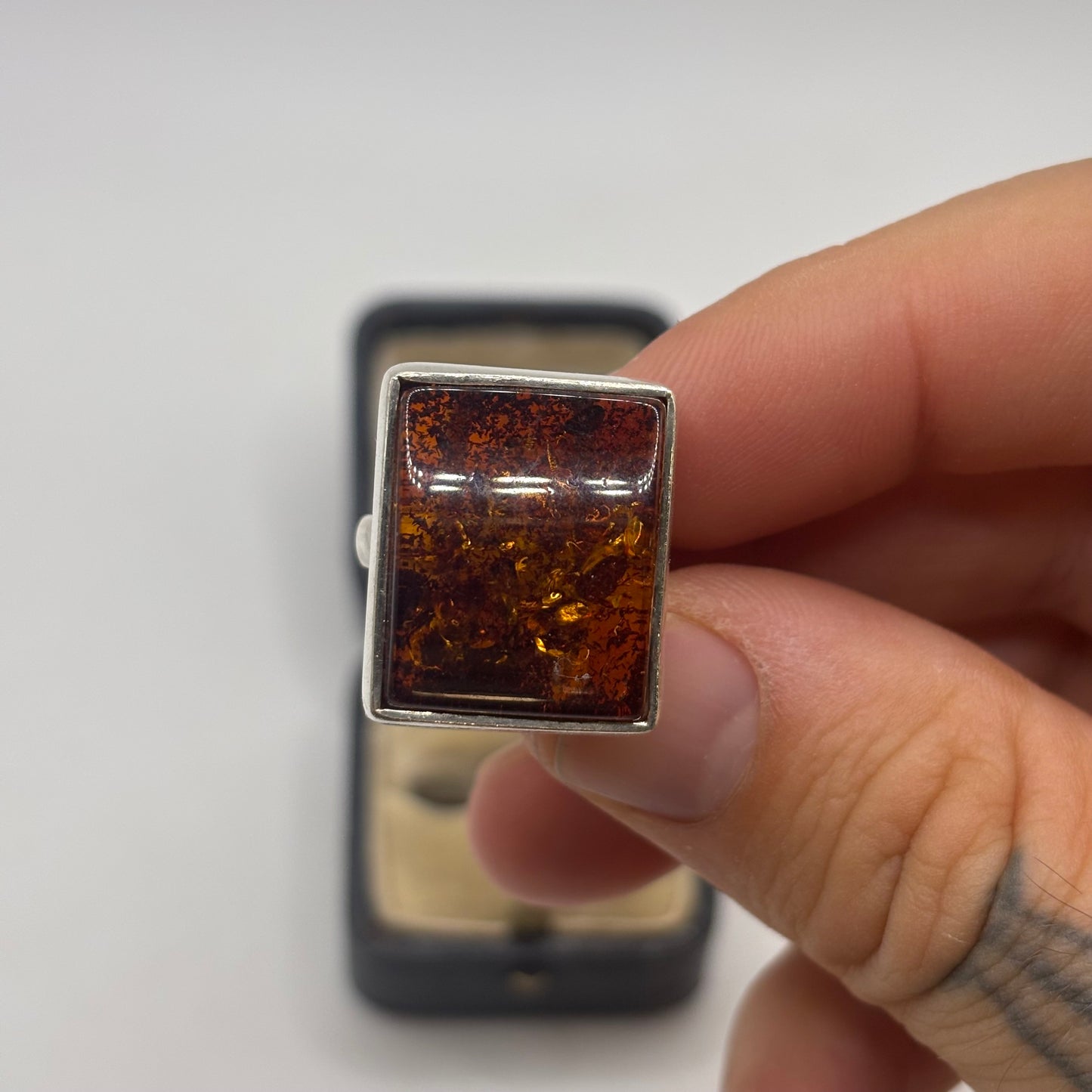 Silver Chunky Amber Ring