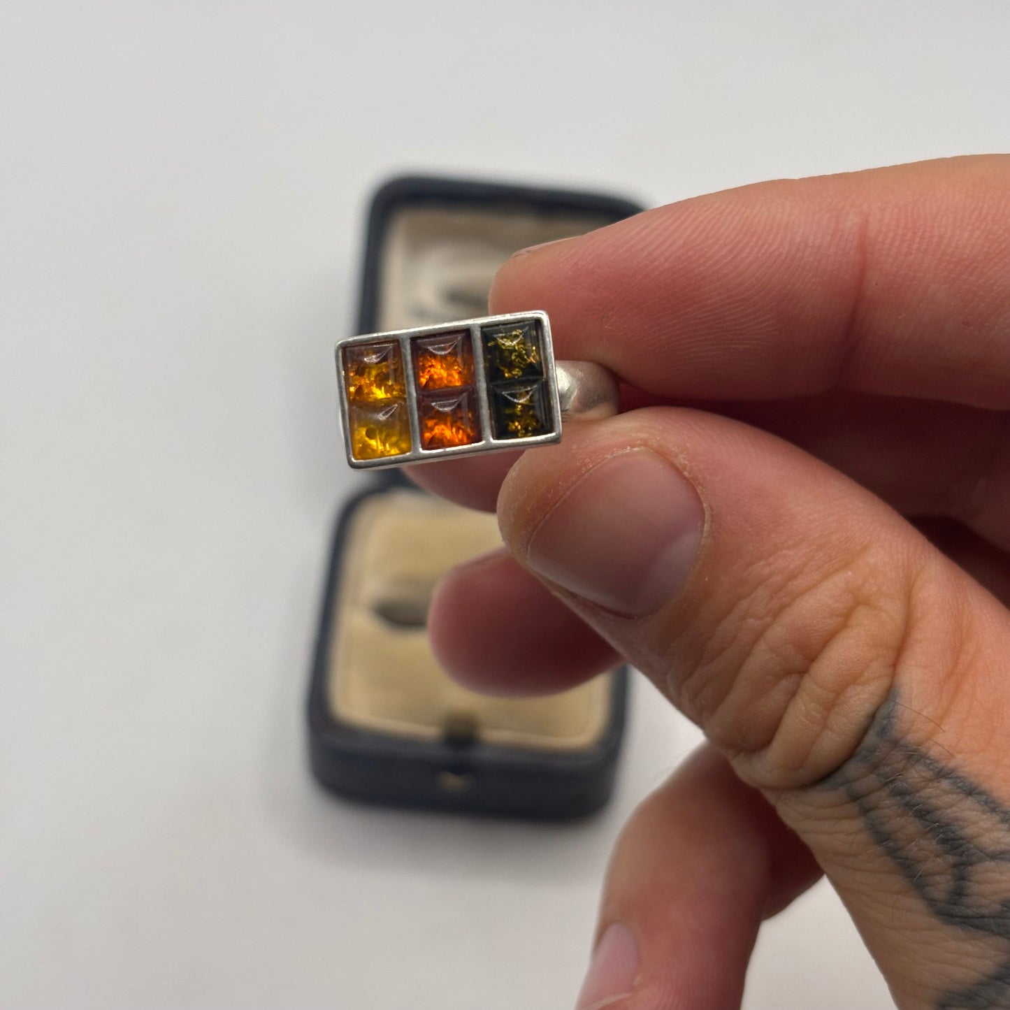 Silver Mixed Amber Abstract Ring