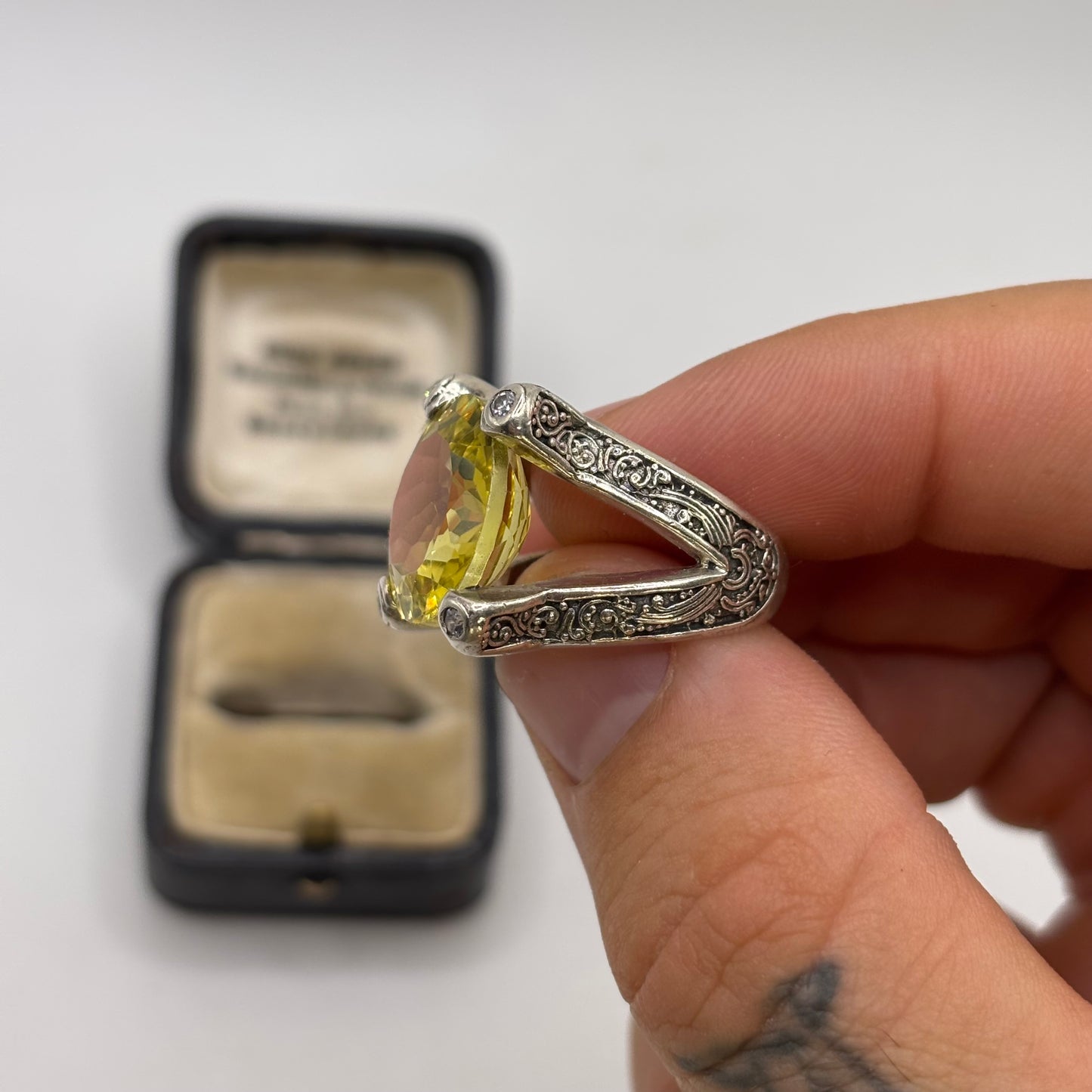 Silver Citrine Detailed Ring
