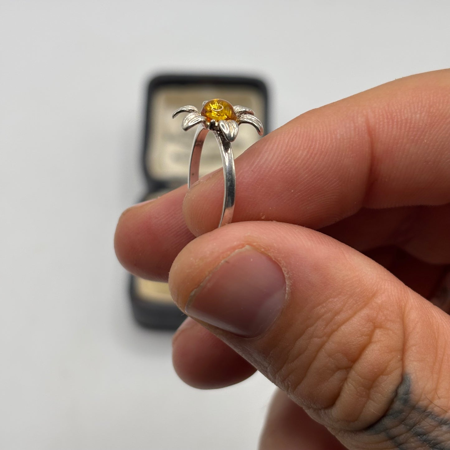 Silver Amber Flower Ring