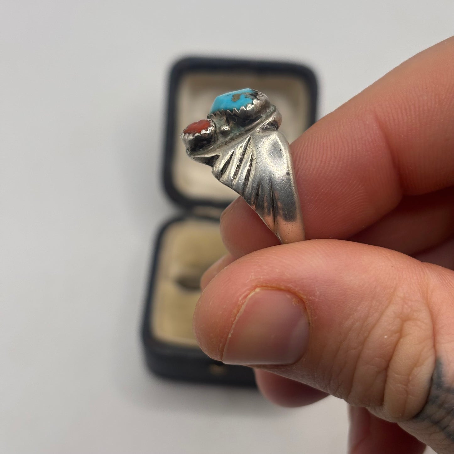 Silver Native American Old Pawn Turquoise & Coral Ring