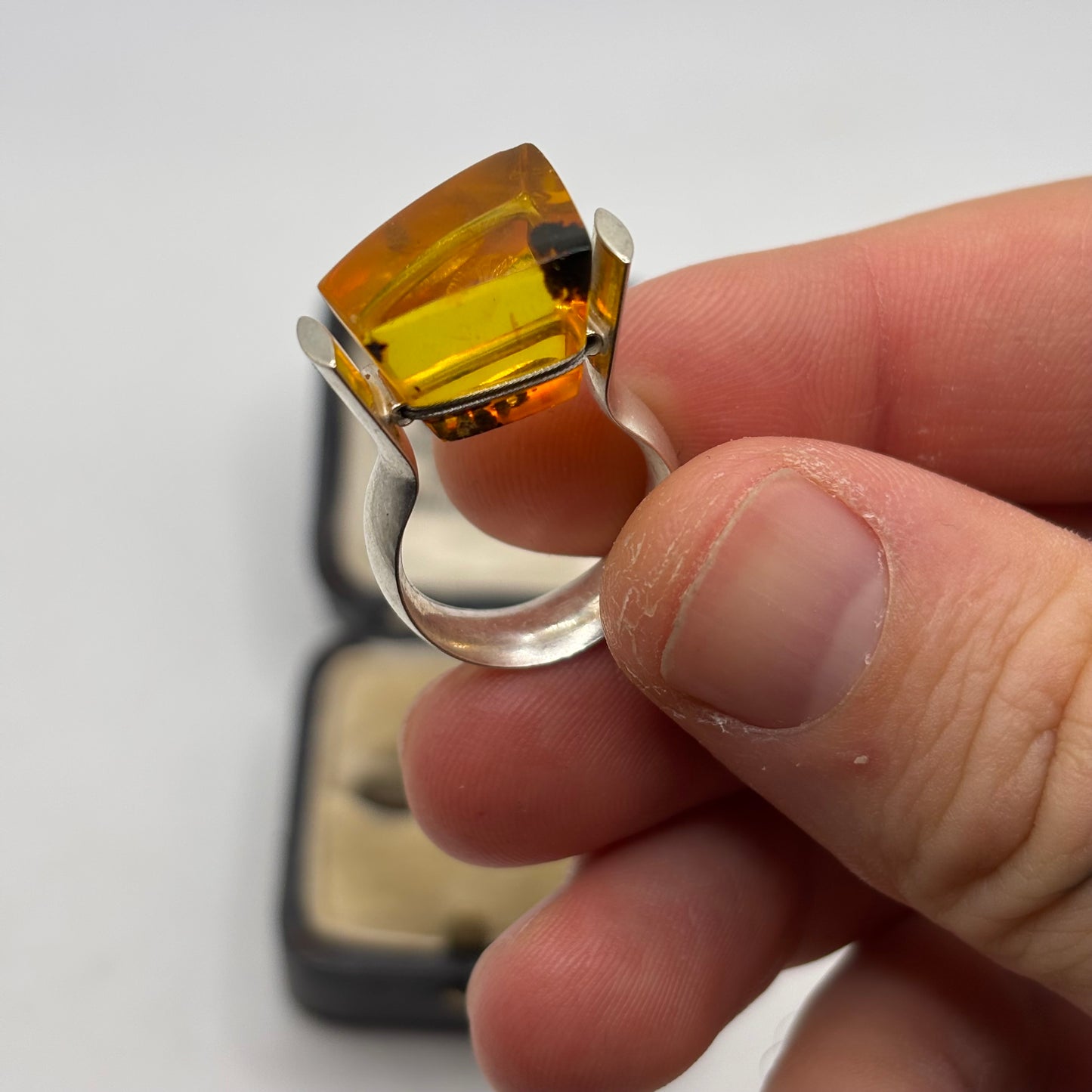 Silver Abstract Amber Ring