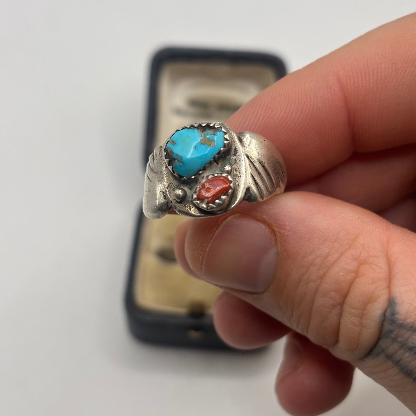 Silver Native American Old Pawn Turquoise & Coral Ring