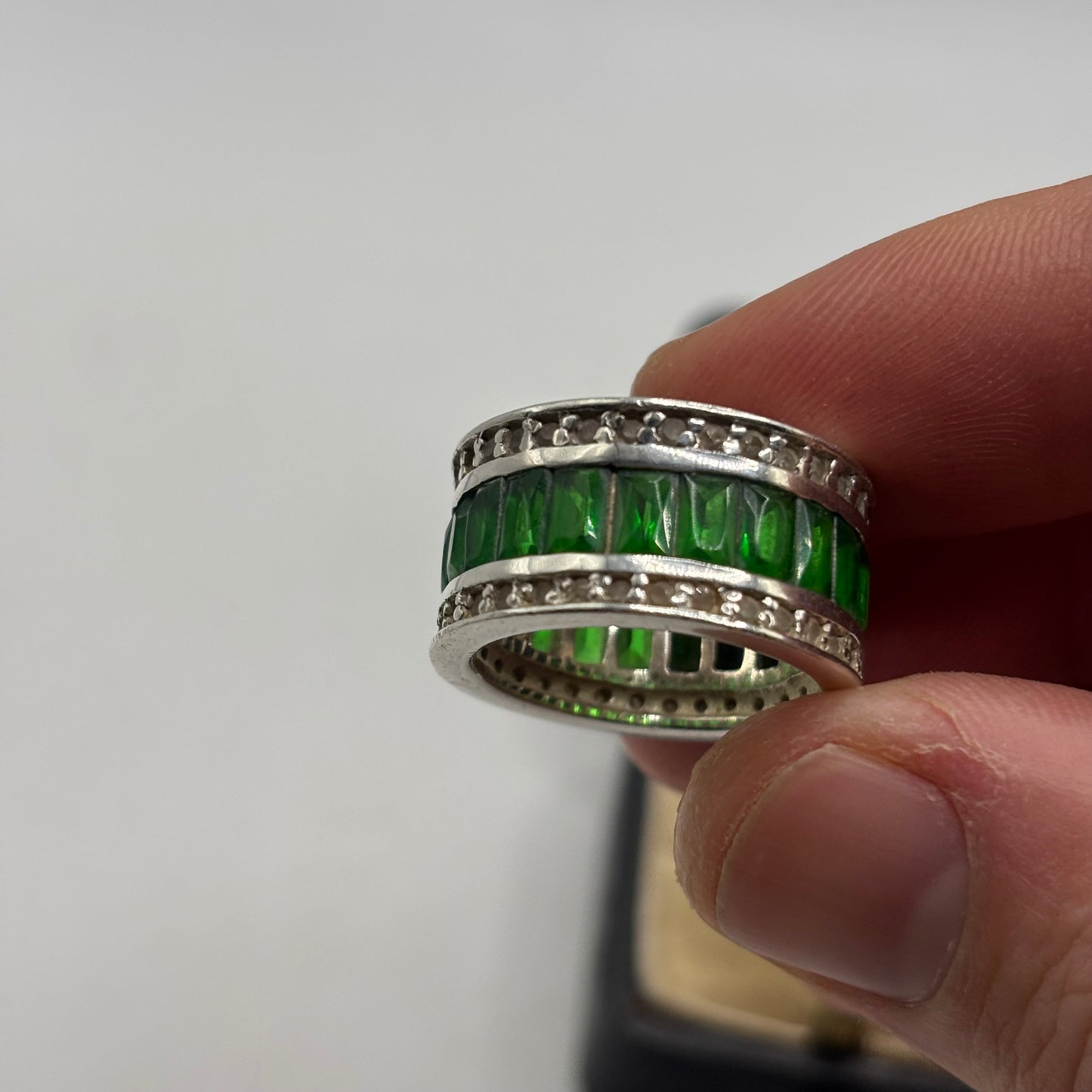 Silver Green & White CZ Band Ring