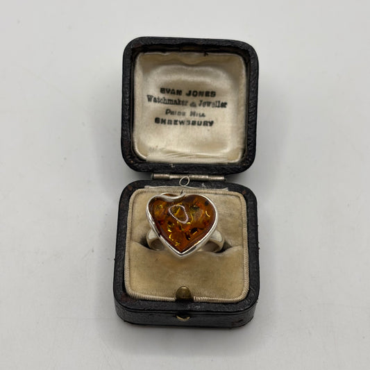 Silver Amber Heart Ring