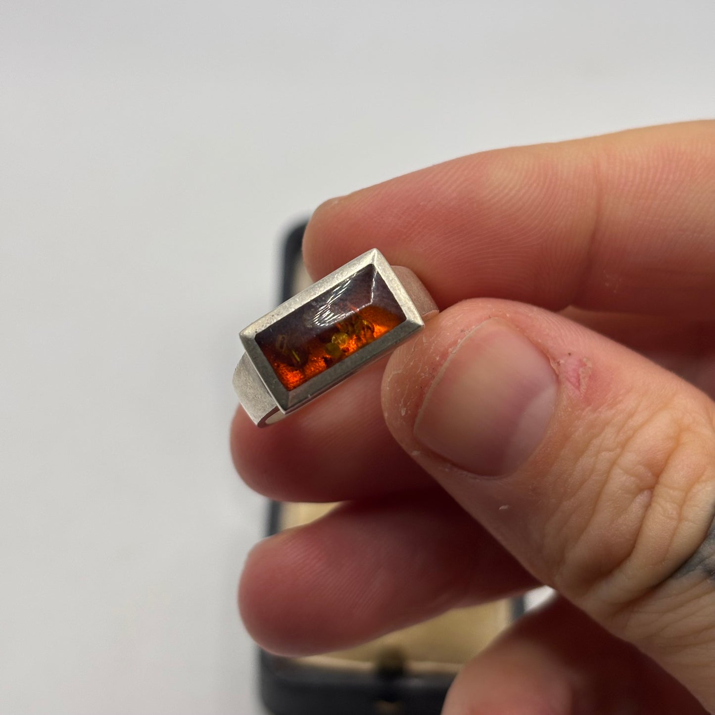 Silver Amber Inlayed Ring