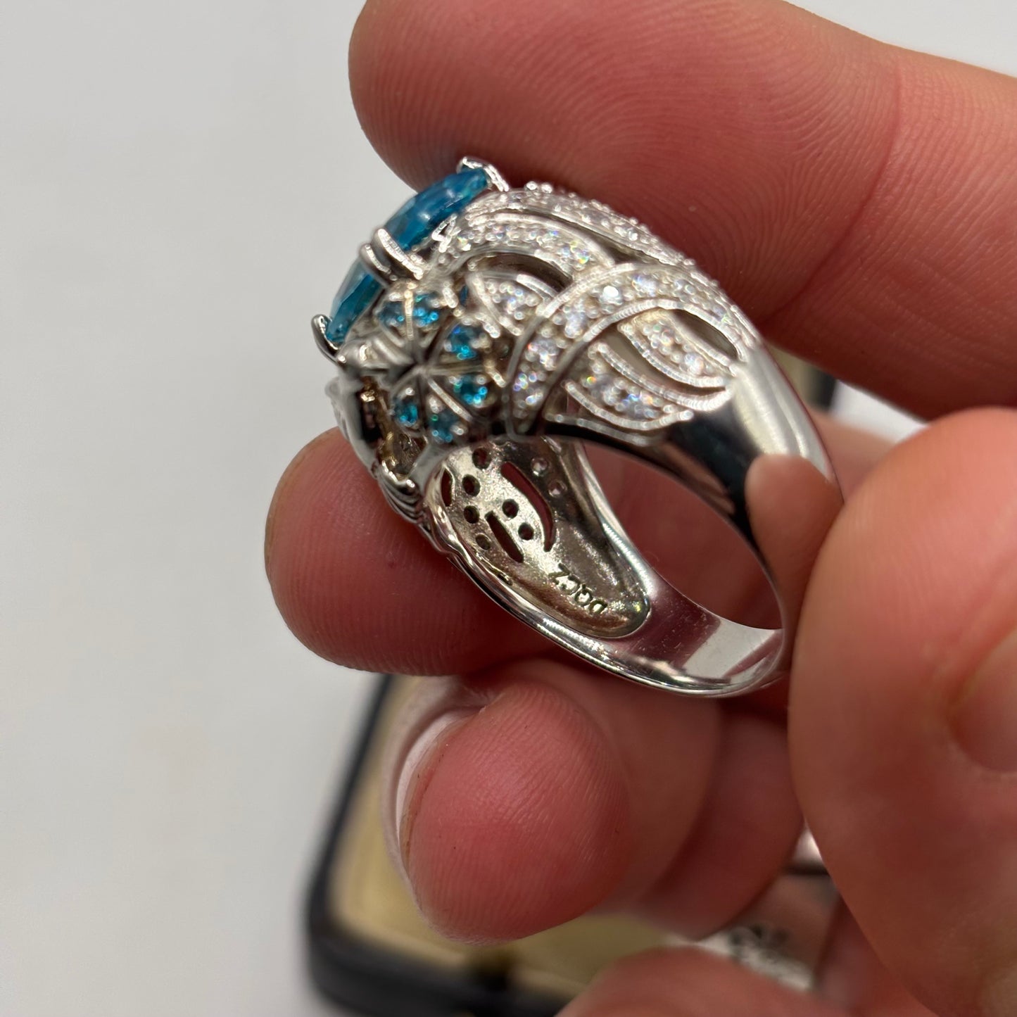 Silver Blue Cocktail CZ Ring (S)