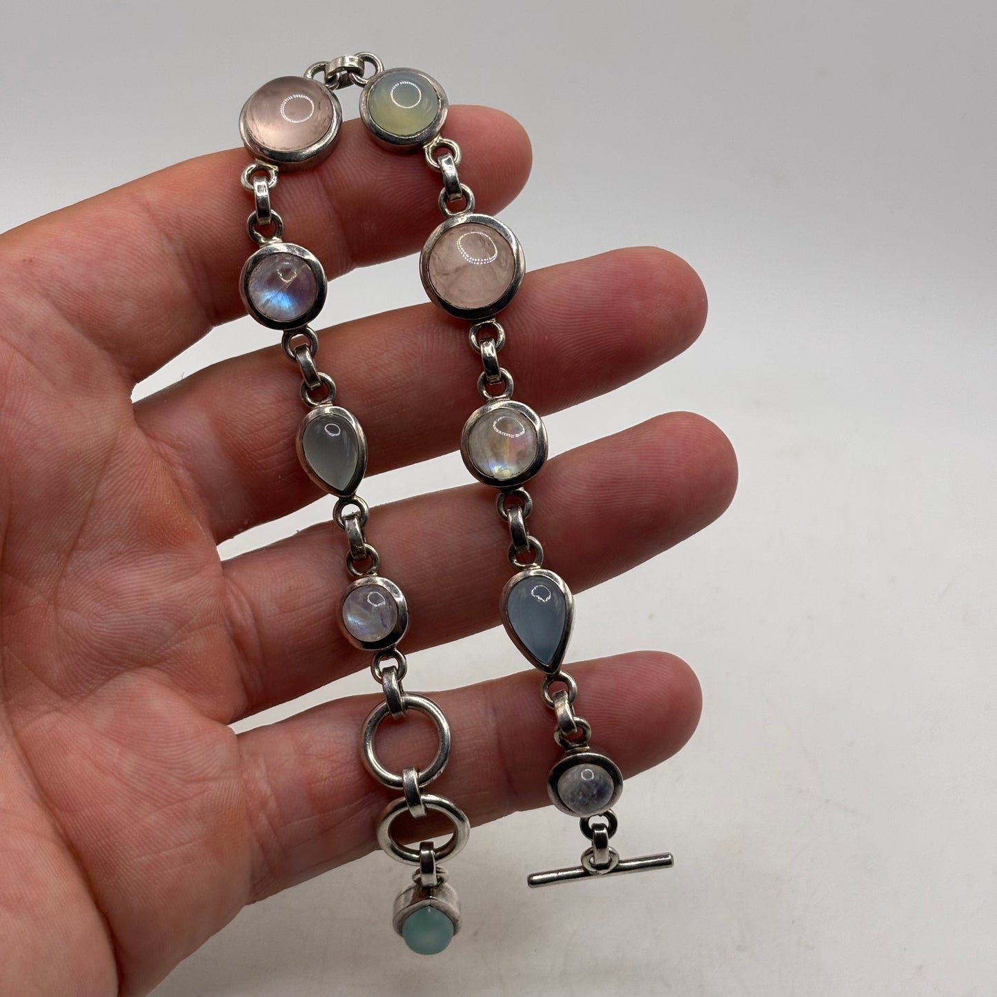 Silver 8.5-9” Moonstone & Rose Quartz Bracelet