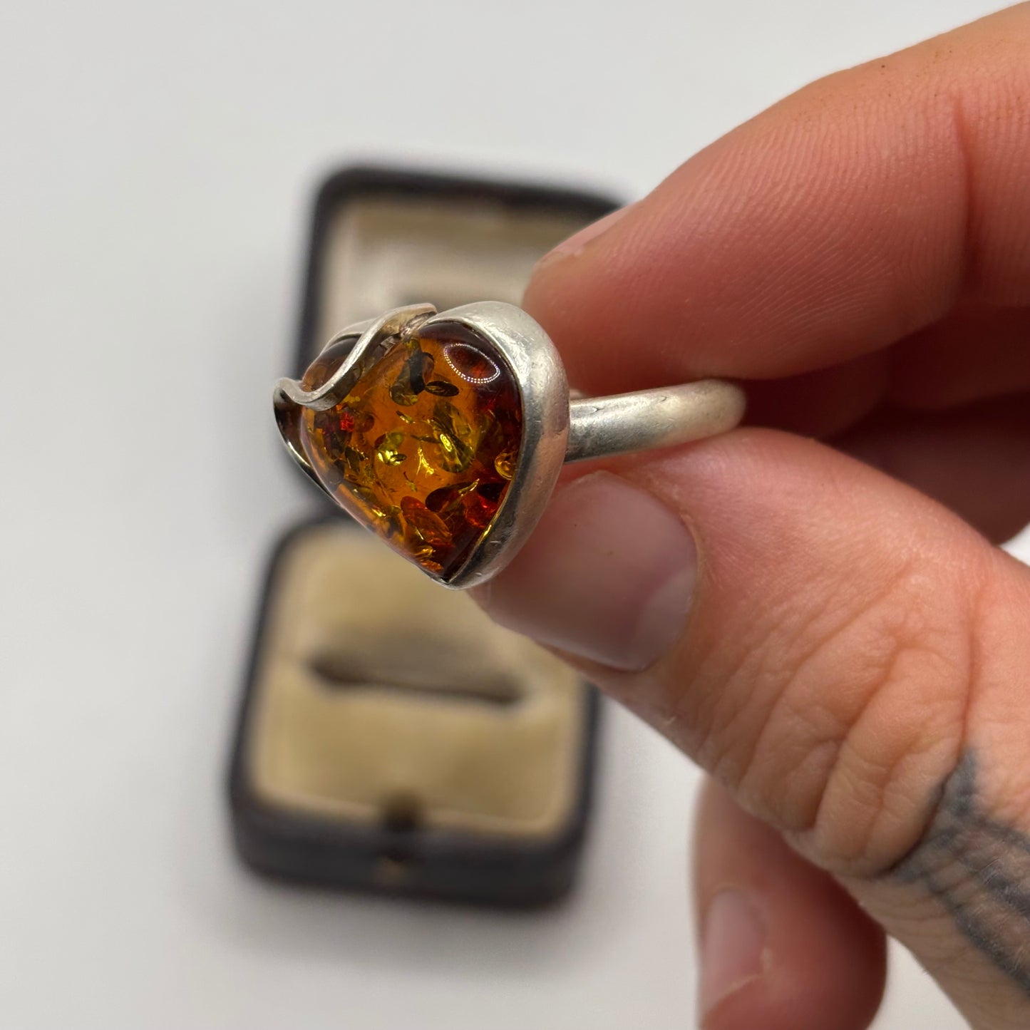 Silver Amber Heart Ring