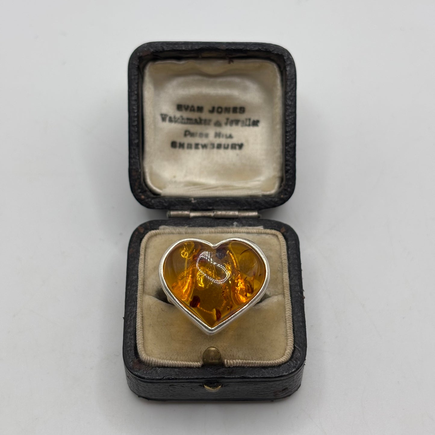 Silver Large Amber Heart Ring