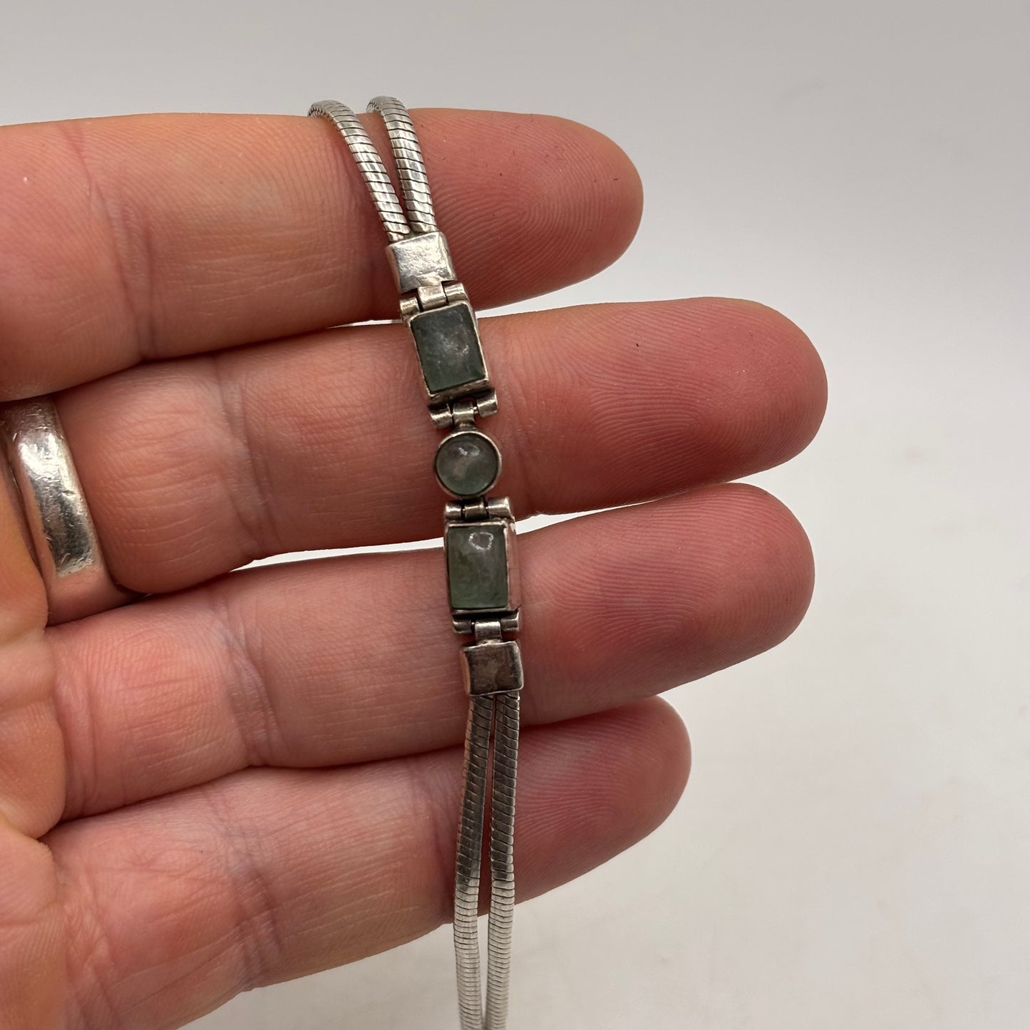Silver 7.5” Green Stoned Bracelet