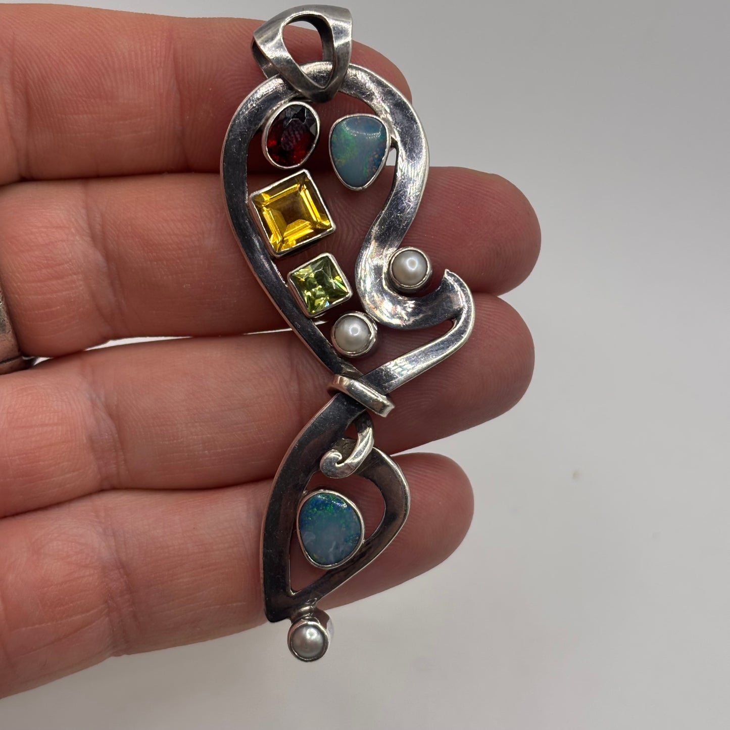 Silver Large Opal & Mixed Gem Pendant