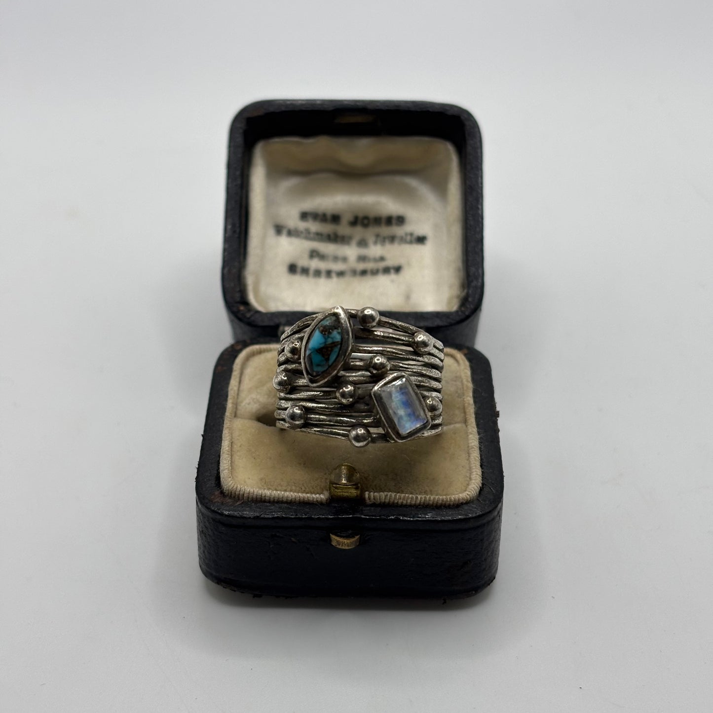 Silver Abstract Moonstone & Turquoise Ring (Q)