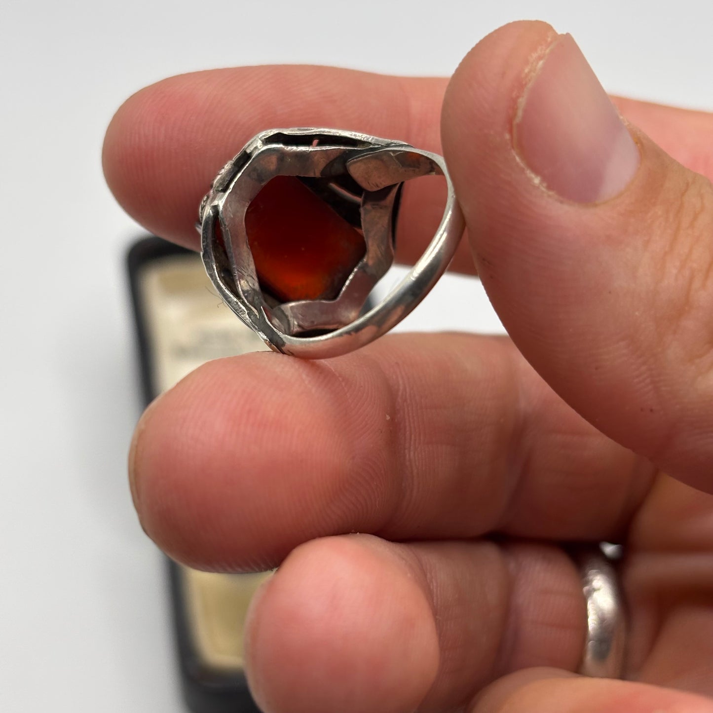Silver Art Deco Carnelian & Marcasite Ring (R)