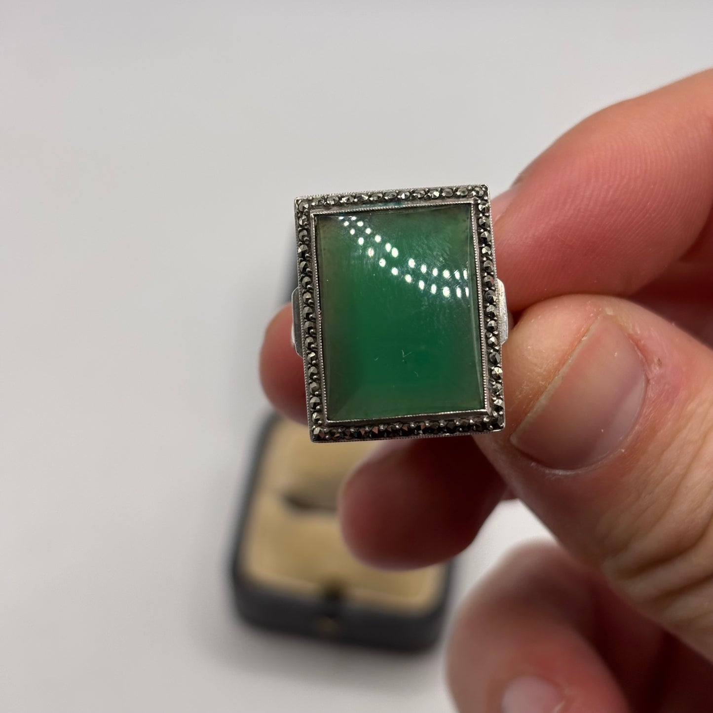 Silver Jade & Marcasite Art Deco Ring