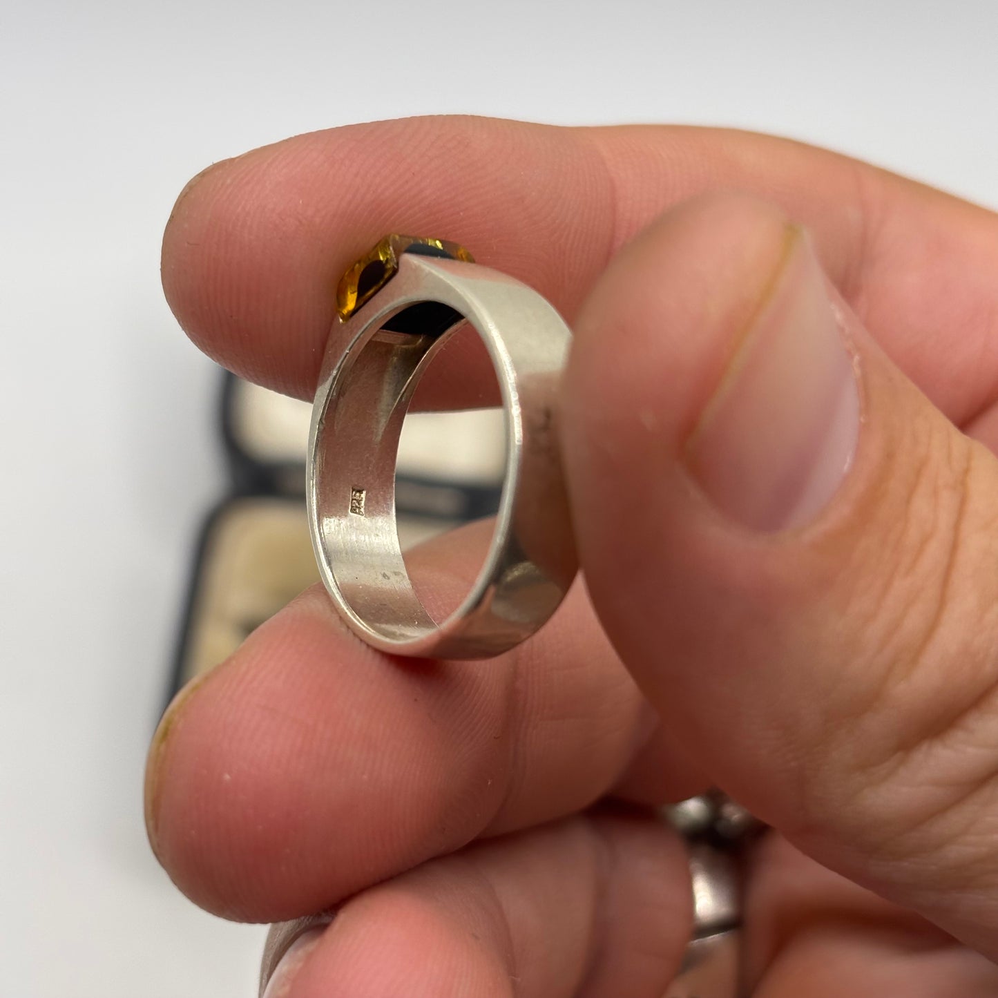 Silver Green Amber Signet Ring (R)