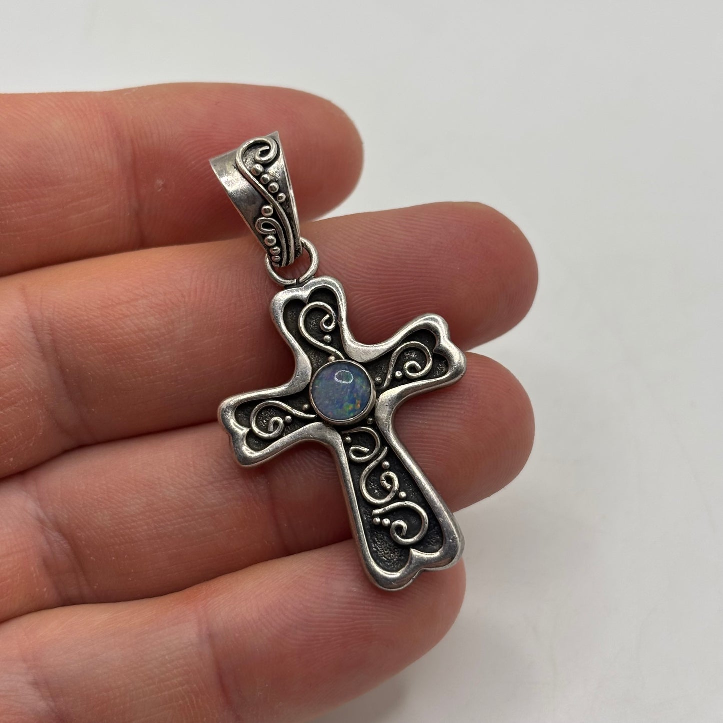 Silver Balinese Opal Cross Pendant