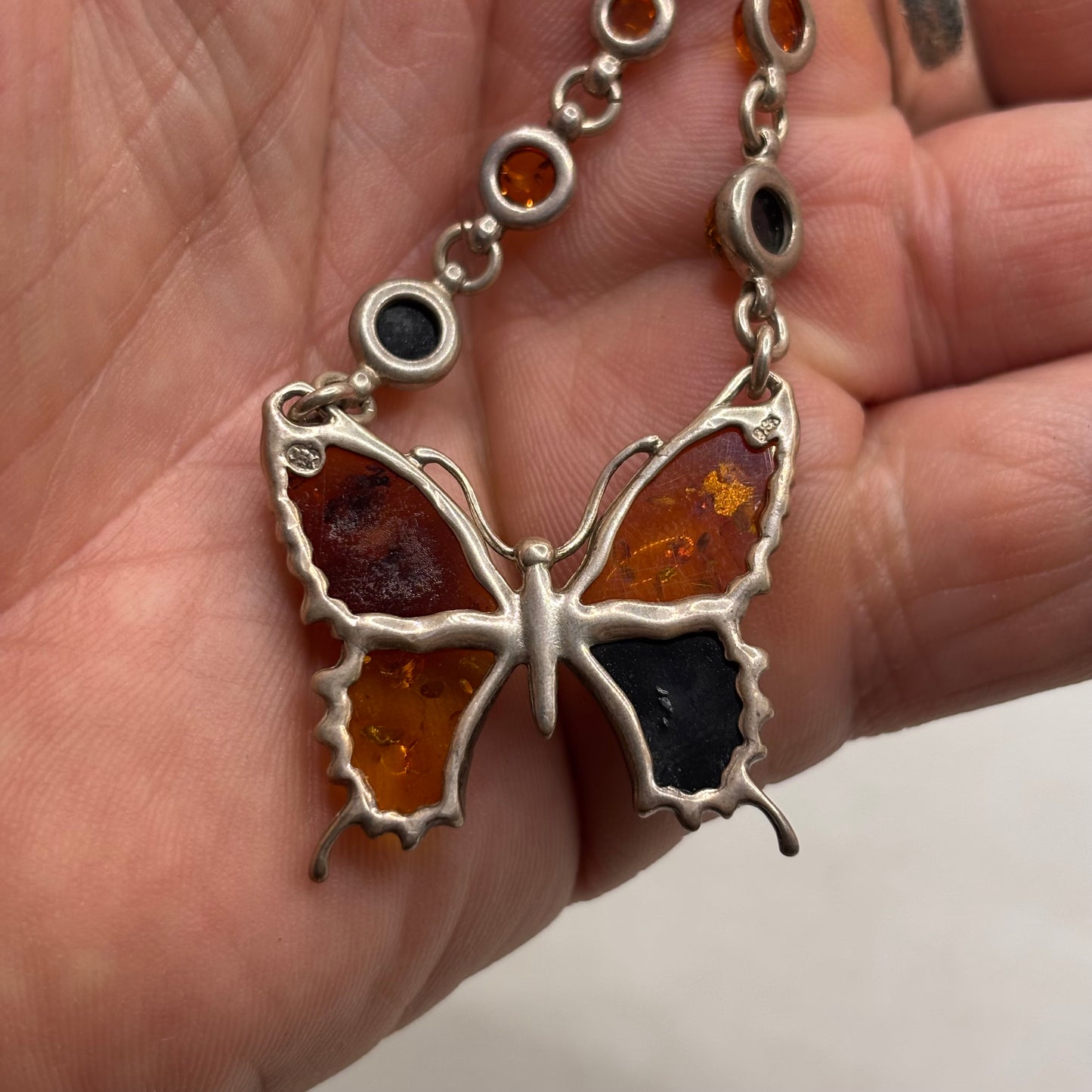 Silver 20” Amber Butterfly Necklace