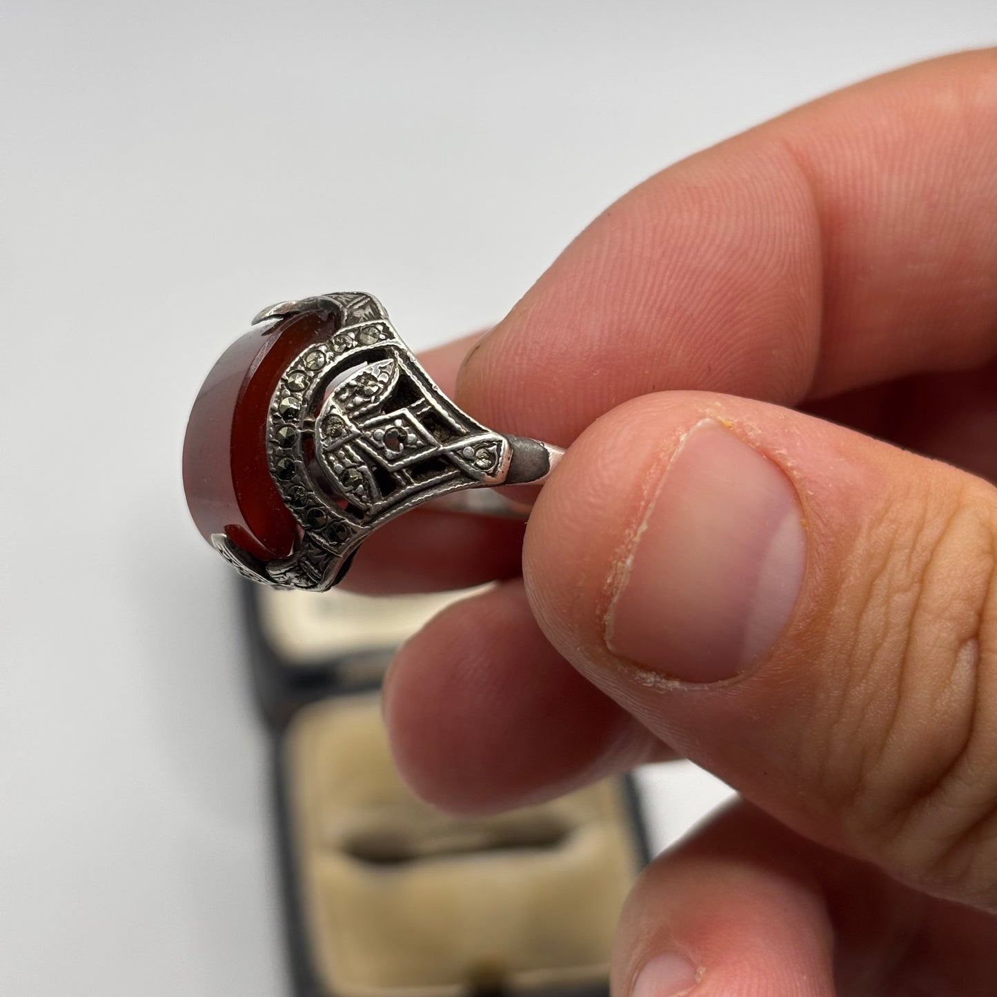 Silver Art Deco Carnelian & Marcasite Ring (R)