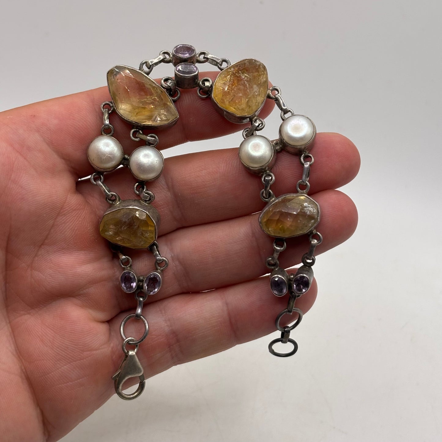 Silver 7”-7.5” Citrine & Pearl Bracelet