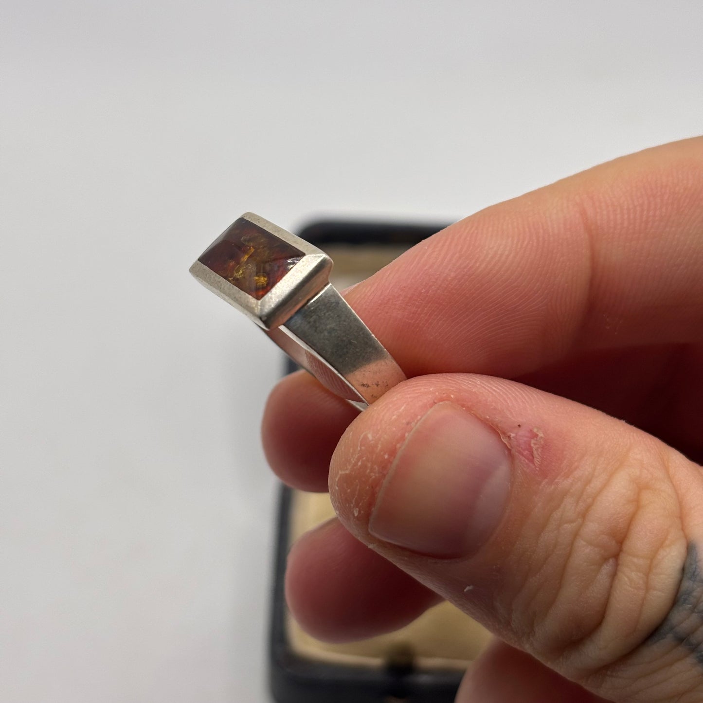 Silver Amber Inlayed Ring