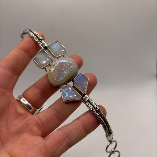 Silver 7.5”-8.5” Druzy Quartz & Moonstone Bracelet