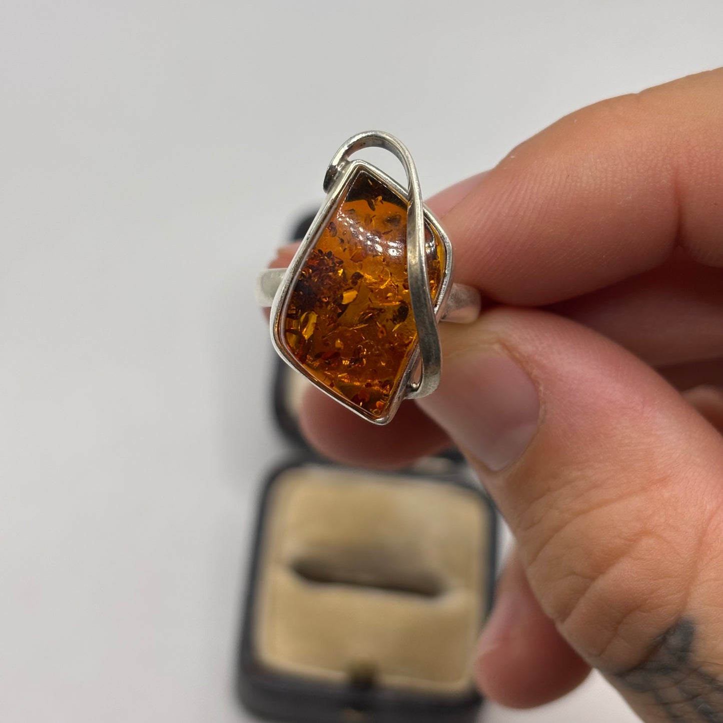 Silver Amber Abstract Ring