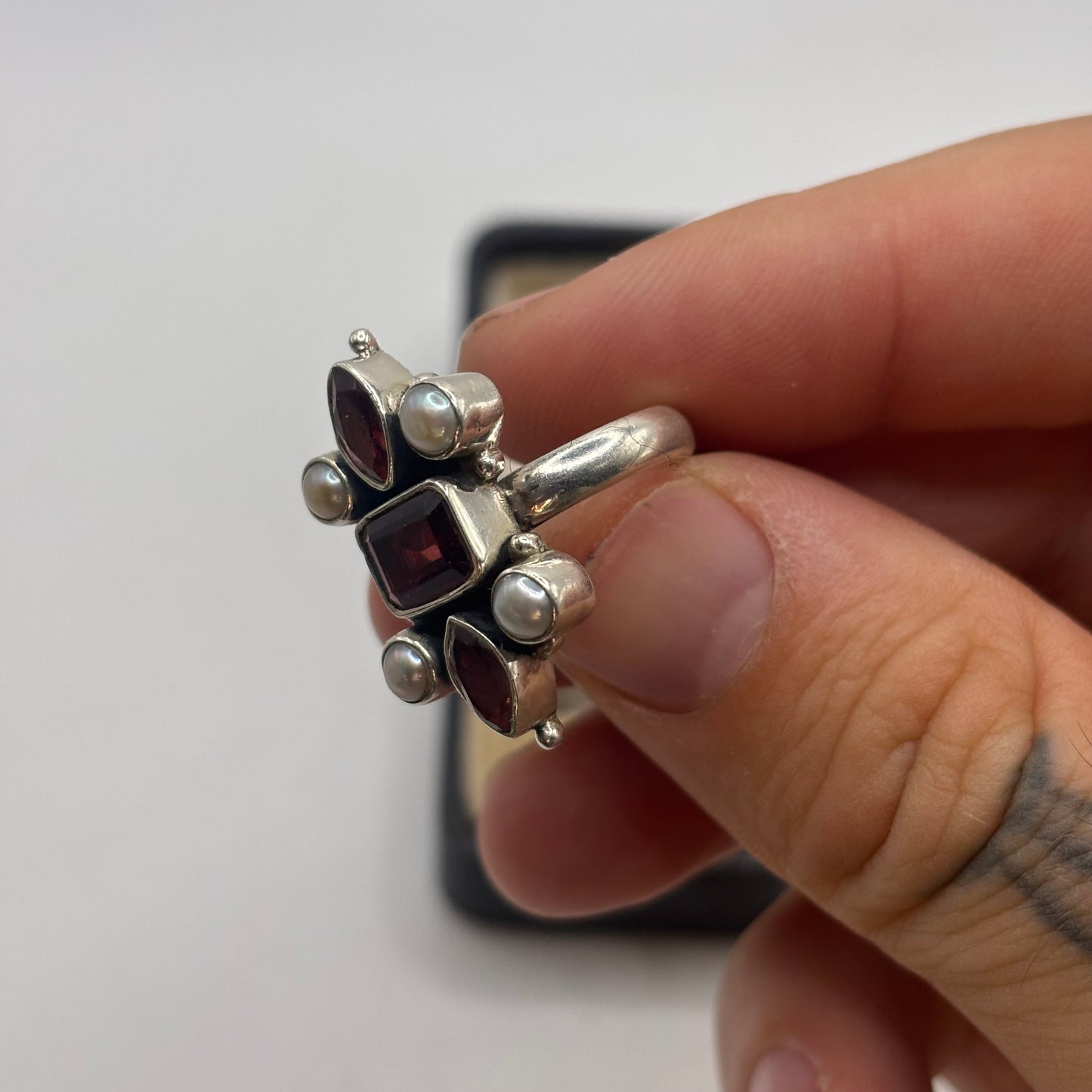Silver Garnet & Pearl Ring
