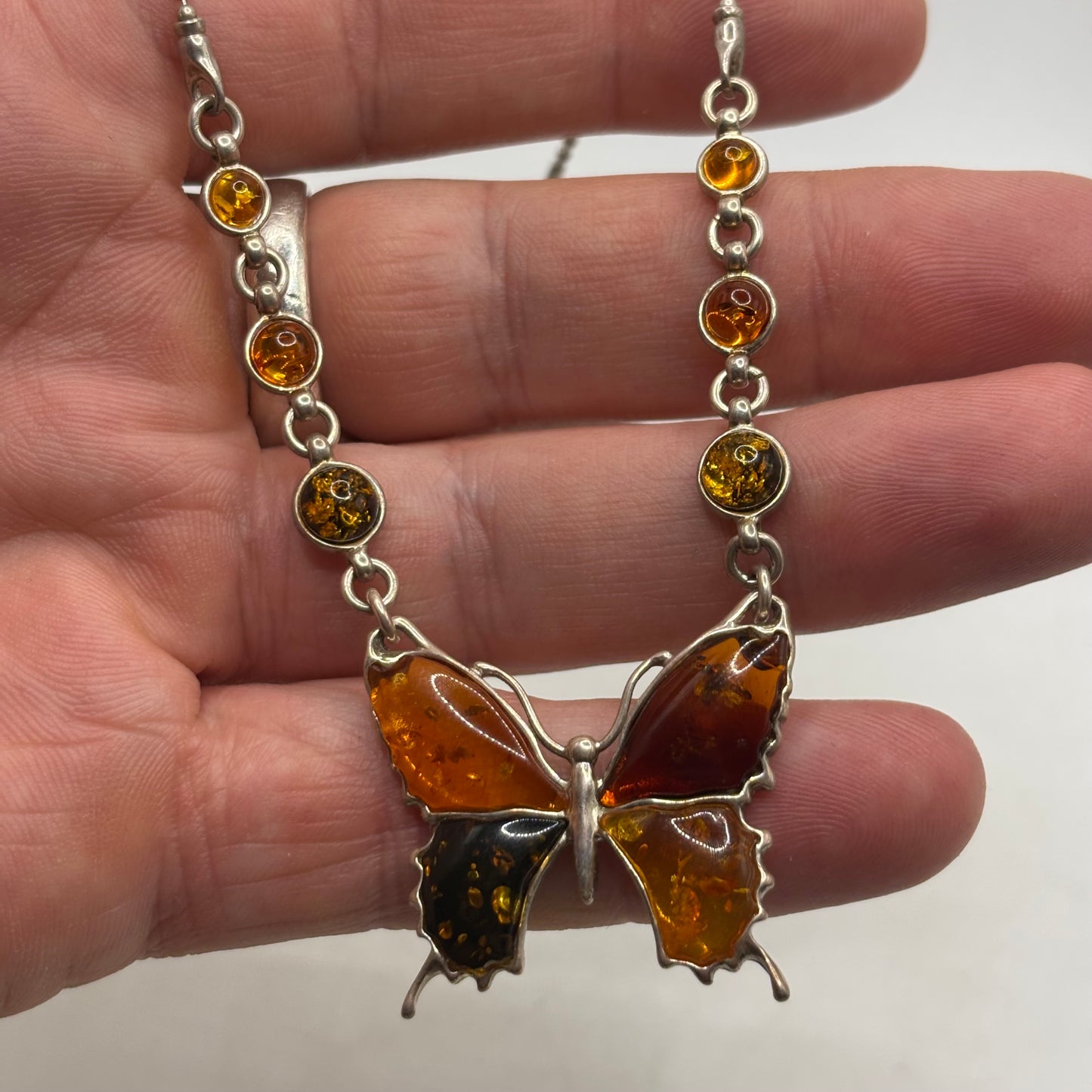 Silver 20” Amber Butterfly Necklace