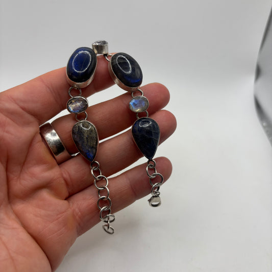 Silver 7”-8.5” Labradorite & Moonstone Bracelet