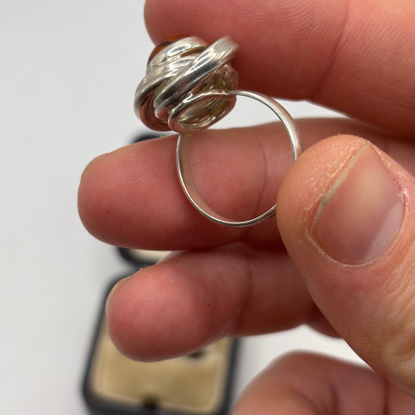 Silver Amber Abstract Ring