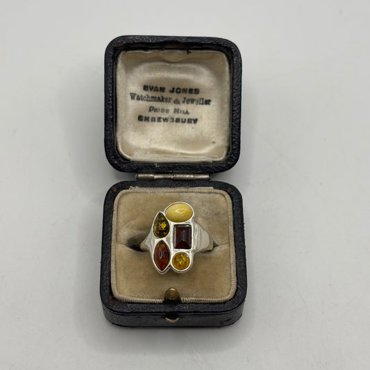 Silver Mixed Amber Ring (N)