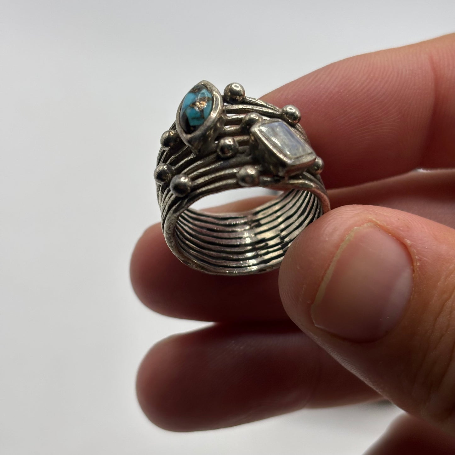 Silver Abstract Moonstone & Turquoise Ring (Q)