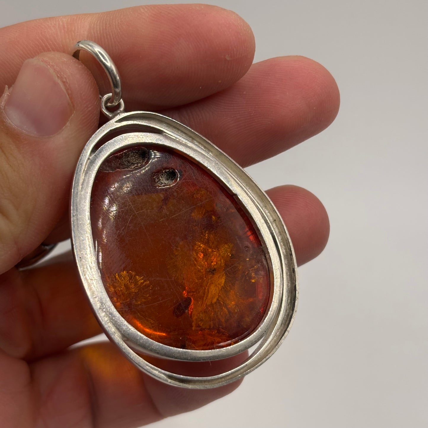 Silver Heavy Amber Pendant