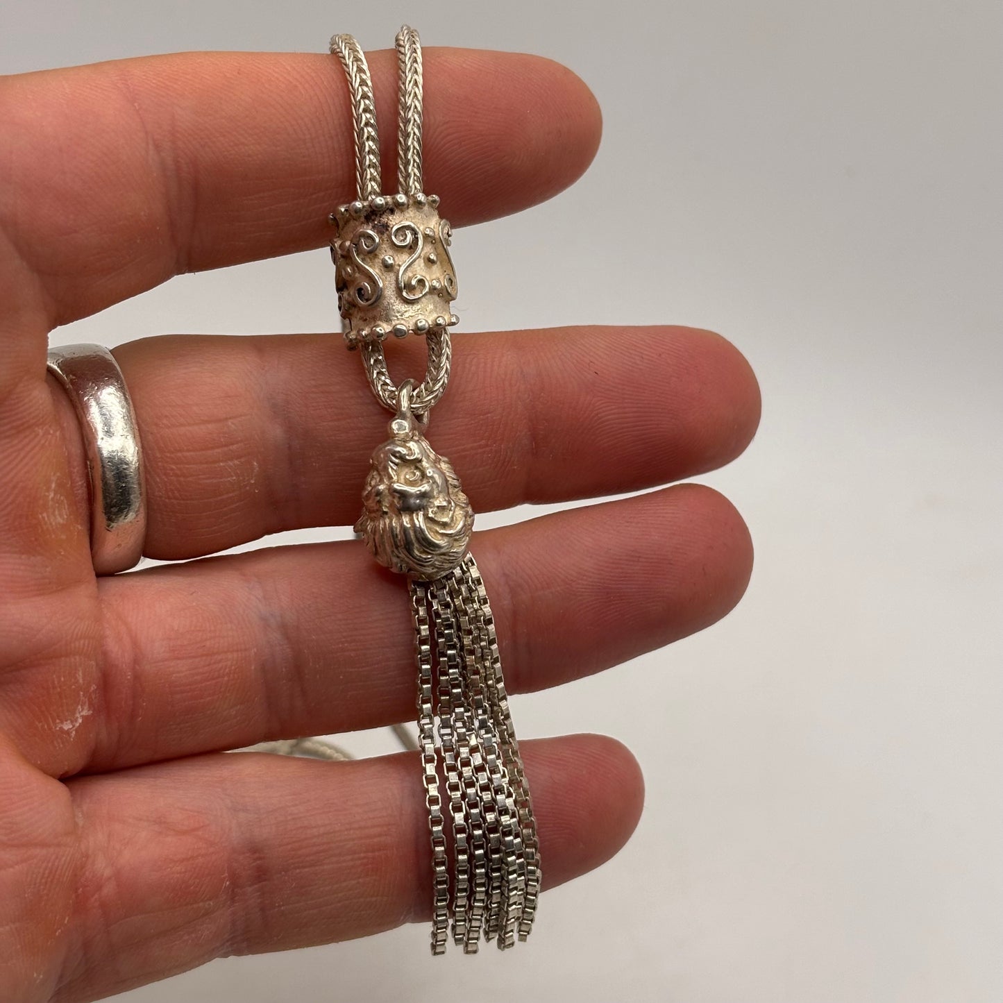 Silver 16” Tigers Head Tassel Necklace