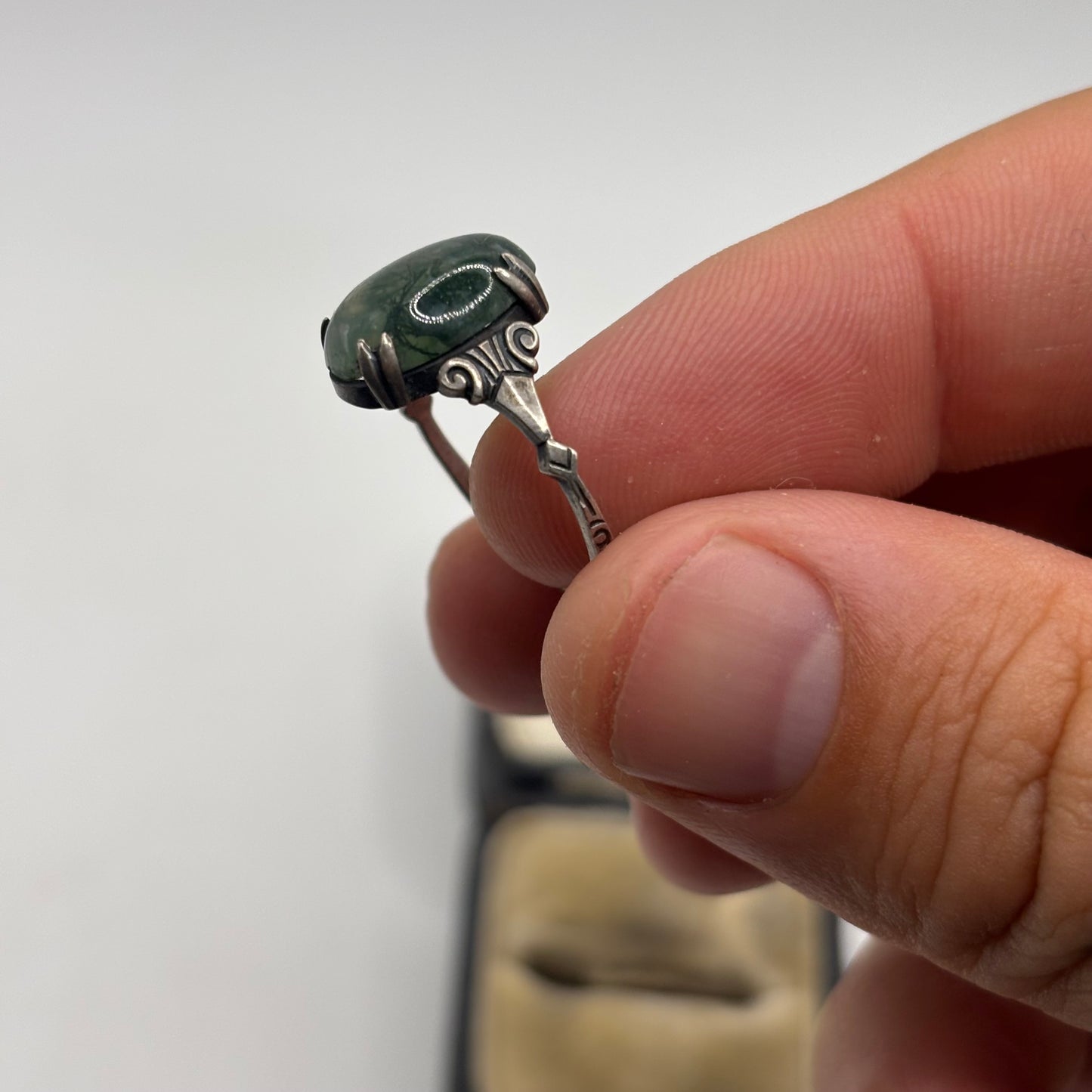 Silver 1920’s Moss Agate Ring (N 1/2)