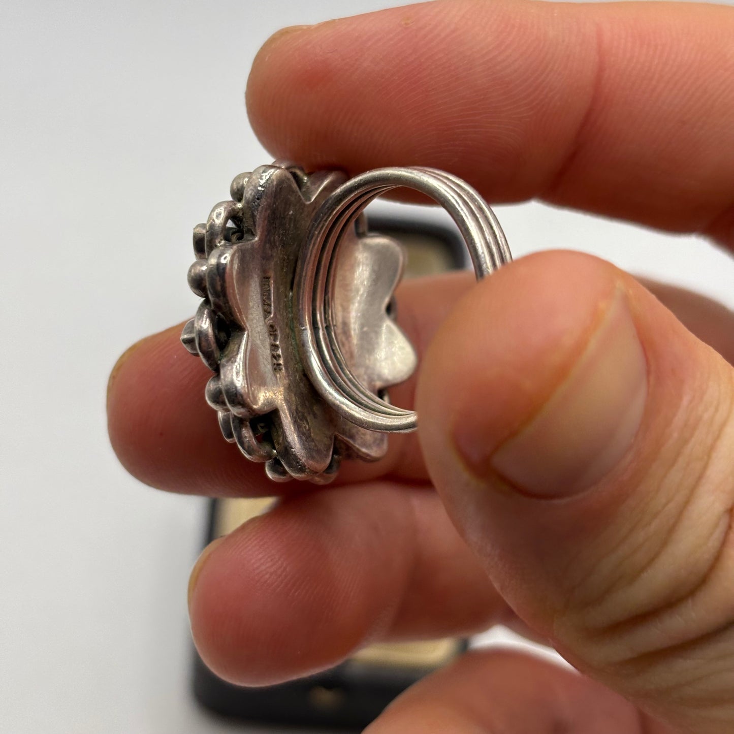 Silver Heavy Indian Moonstone & Garnet Ring