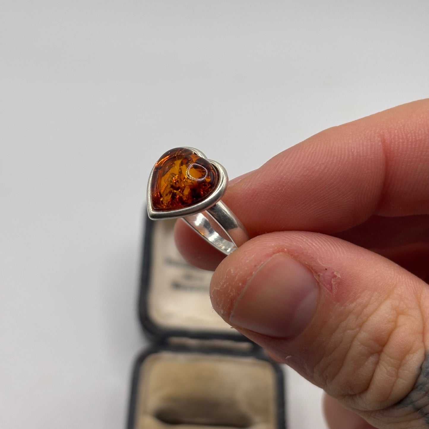 Silver Amber Heart Ring
