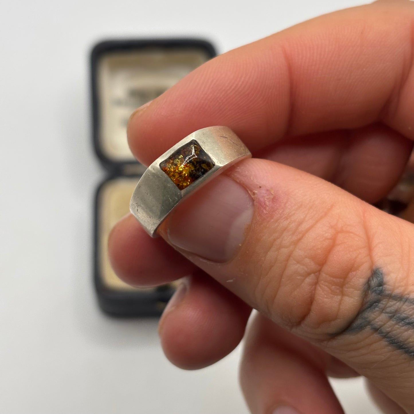 Silver Inlayed Amber Ring