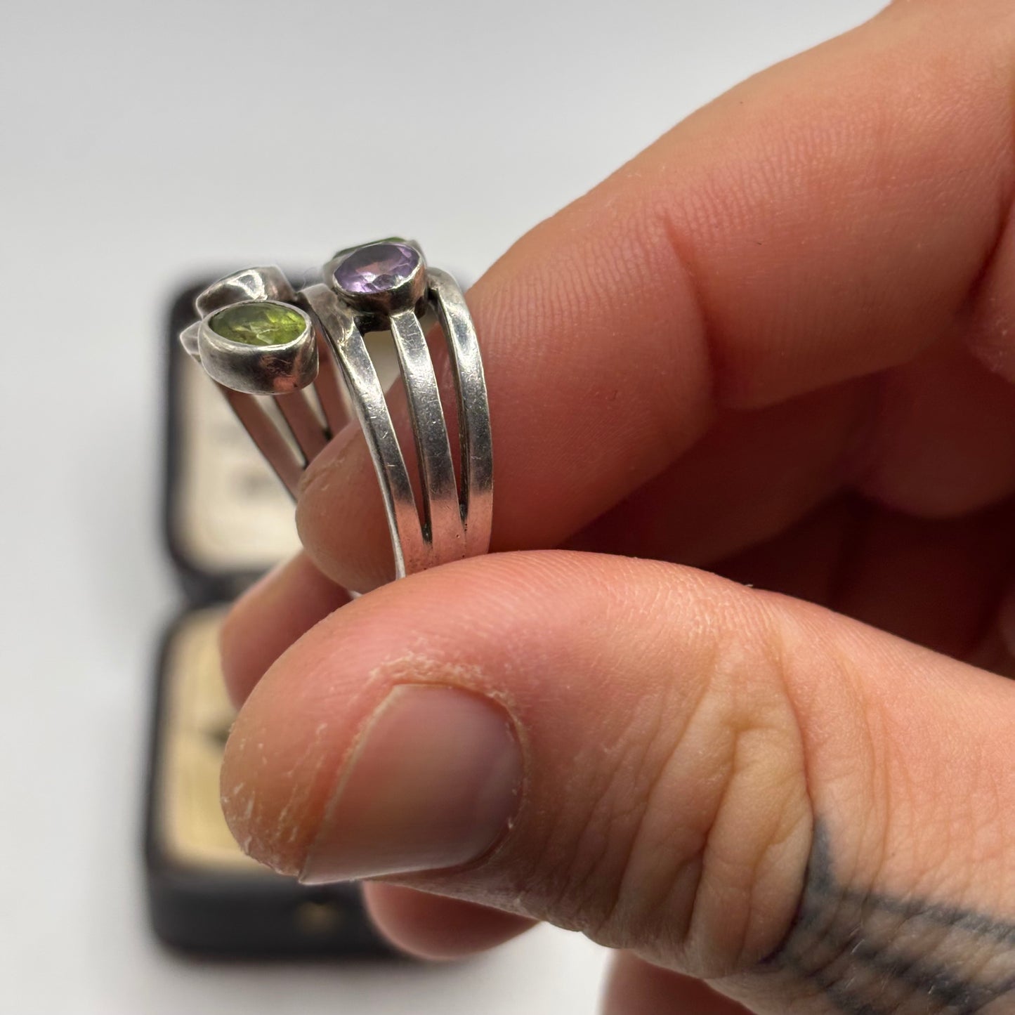 Silver Amethyst & Green Topaz Ring
