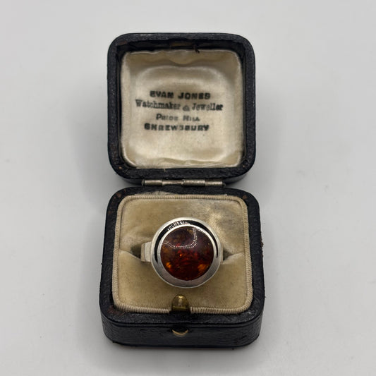 Silver Amber Inlayed Ring (N)