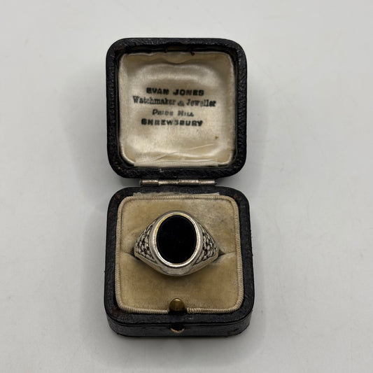 Silver Onyx Floral Signet Ring (S)