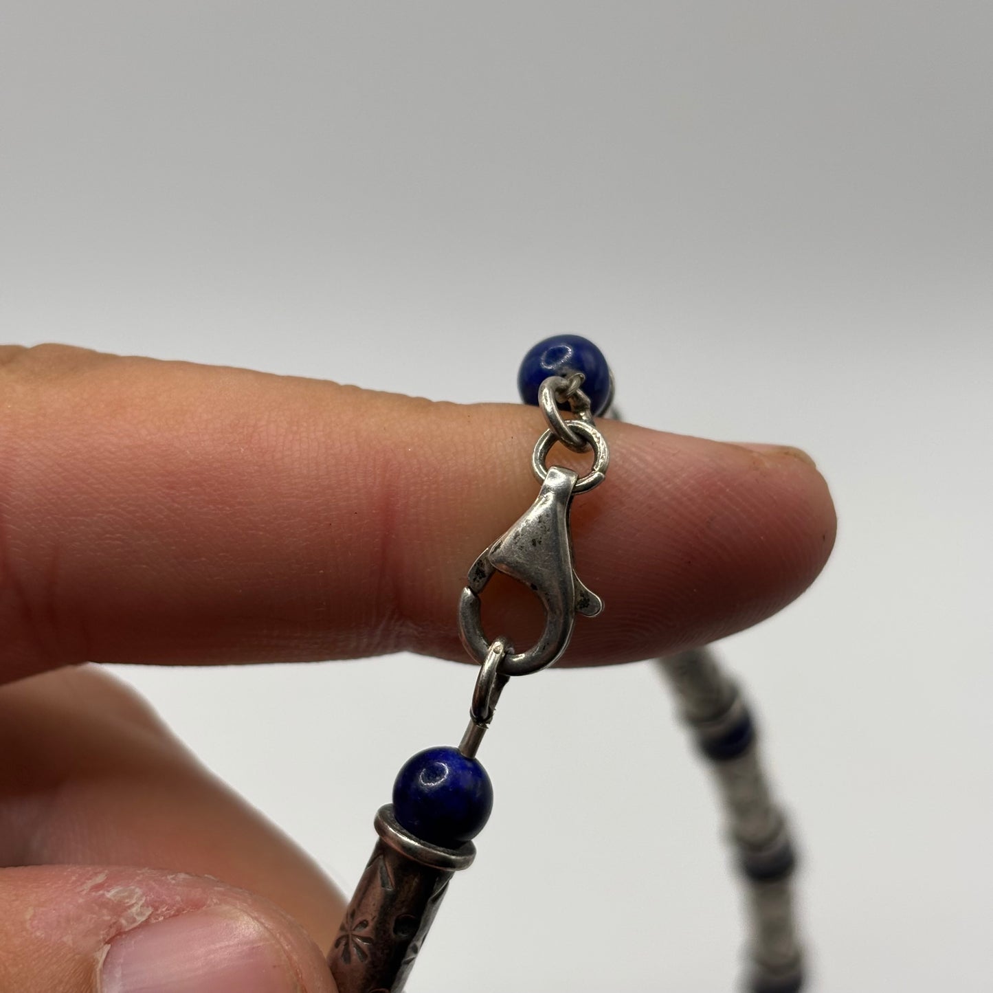 Silver 18” Lapis Stampwork Necklace