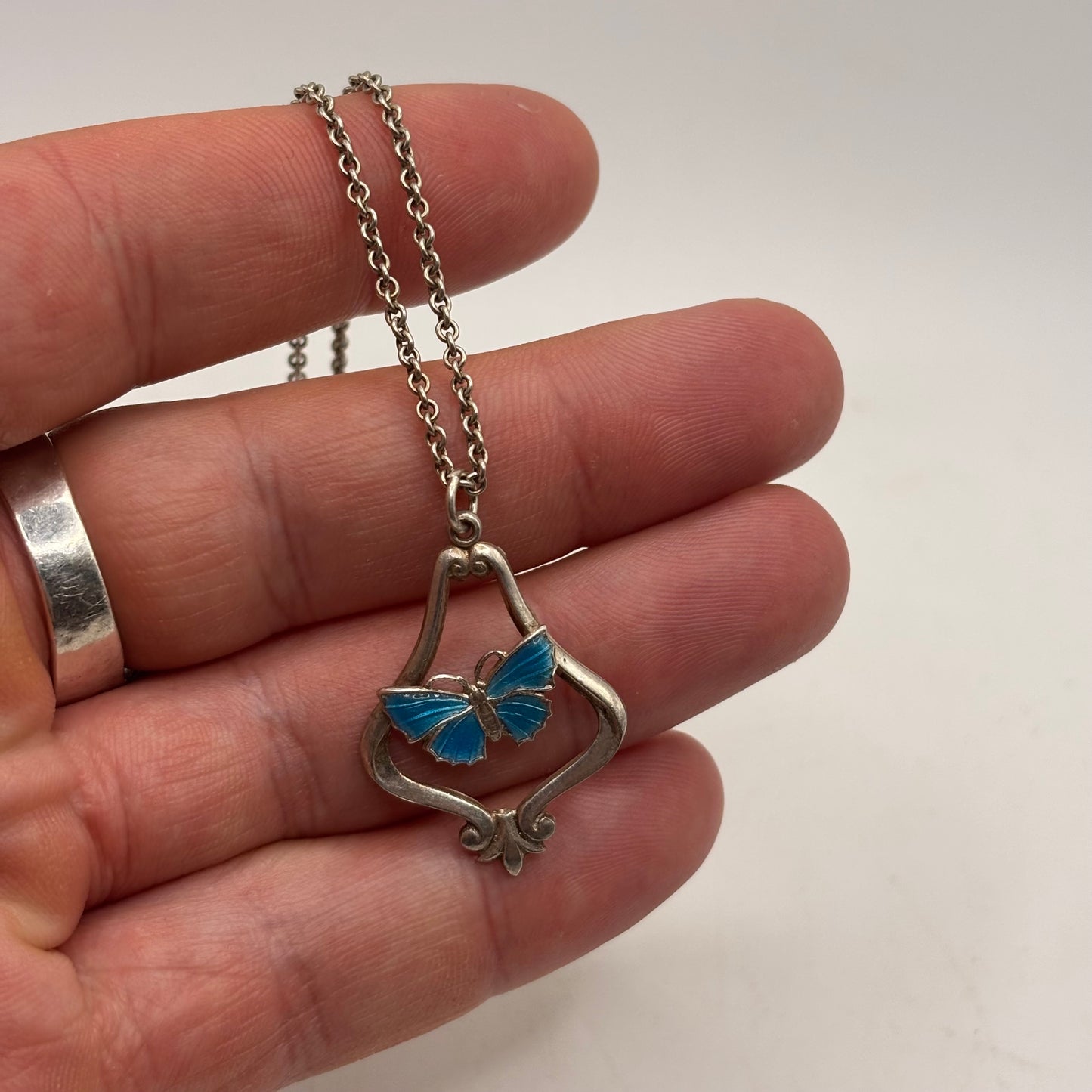 Silver 18” Art Deco Butterfly Enamel Necklace