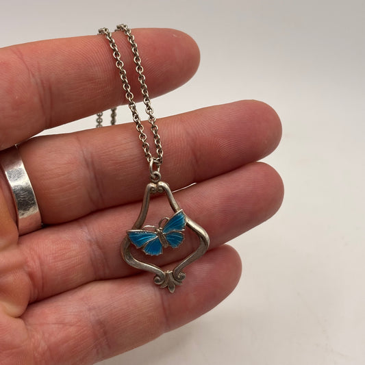 Silver 18” Art Deco Butterfly Enamel Necklace