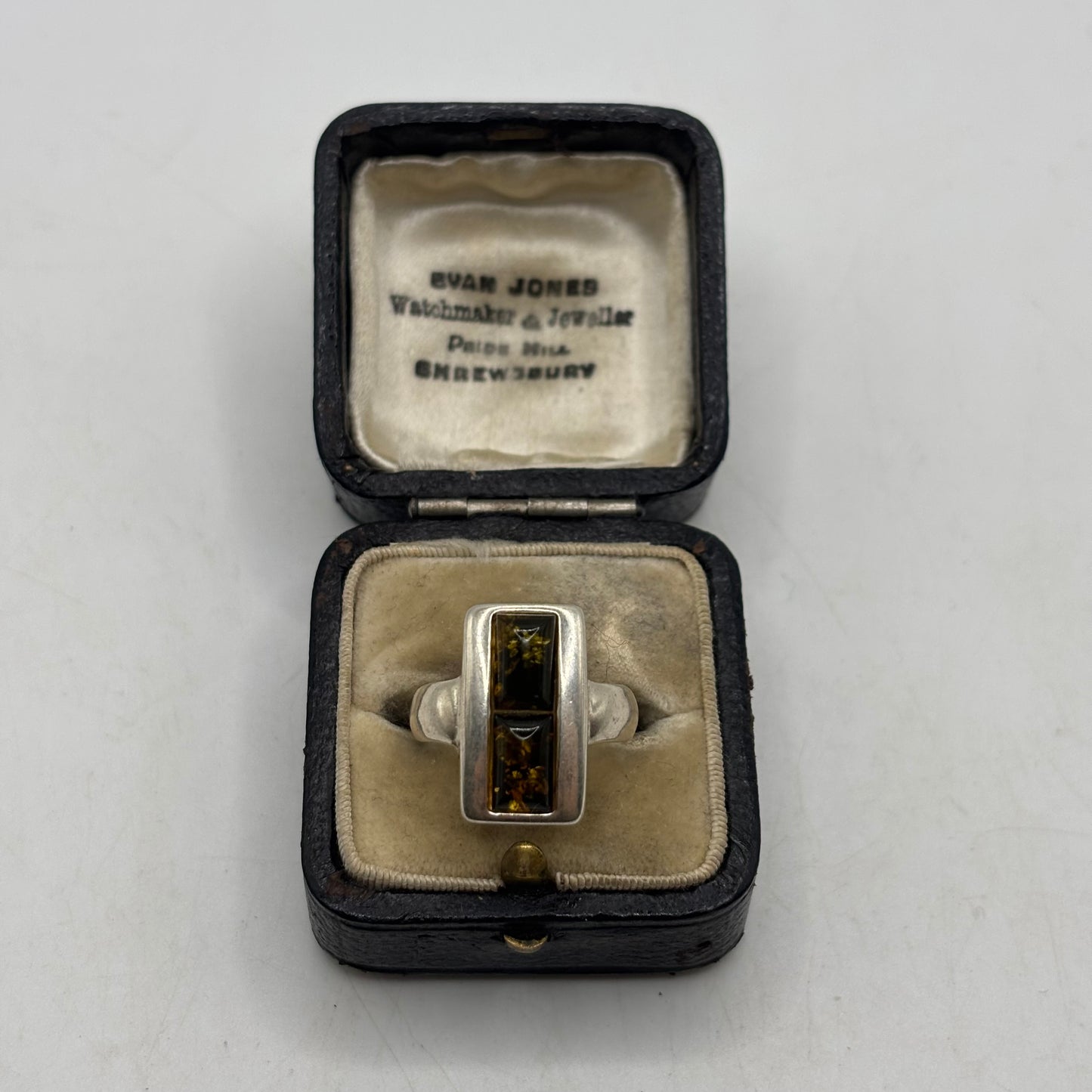 Silver Green Amber Ring (M)