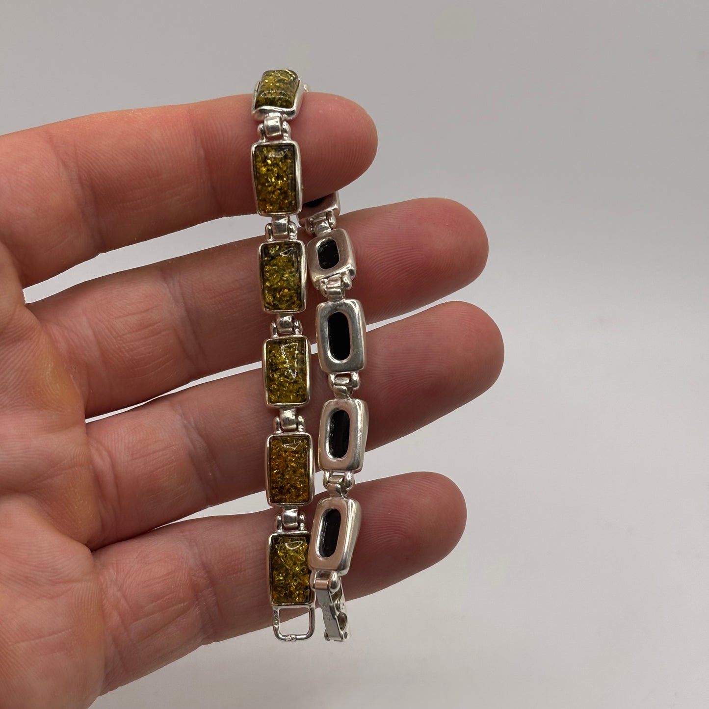 Silver Green Amber 7.5” Bracelet