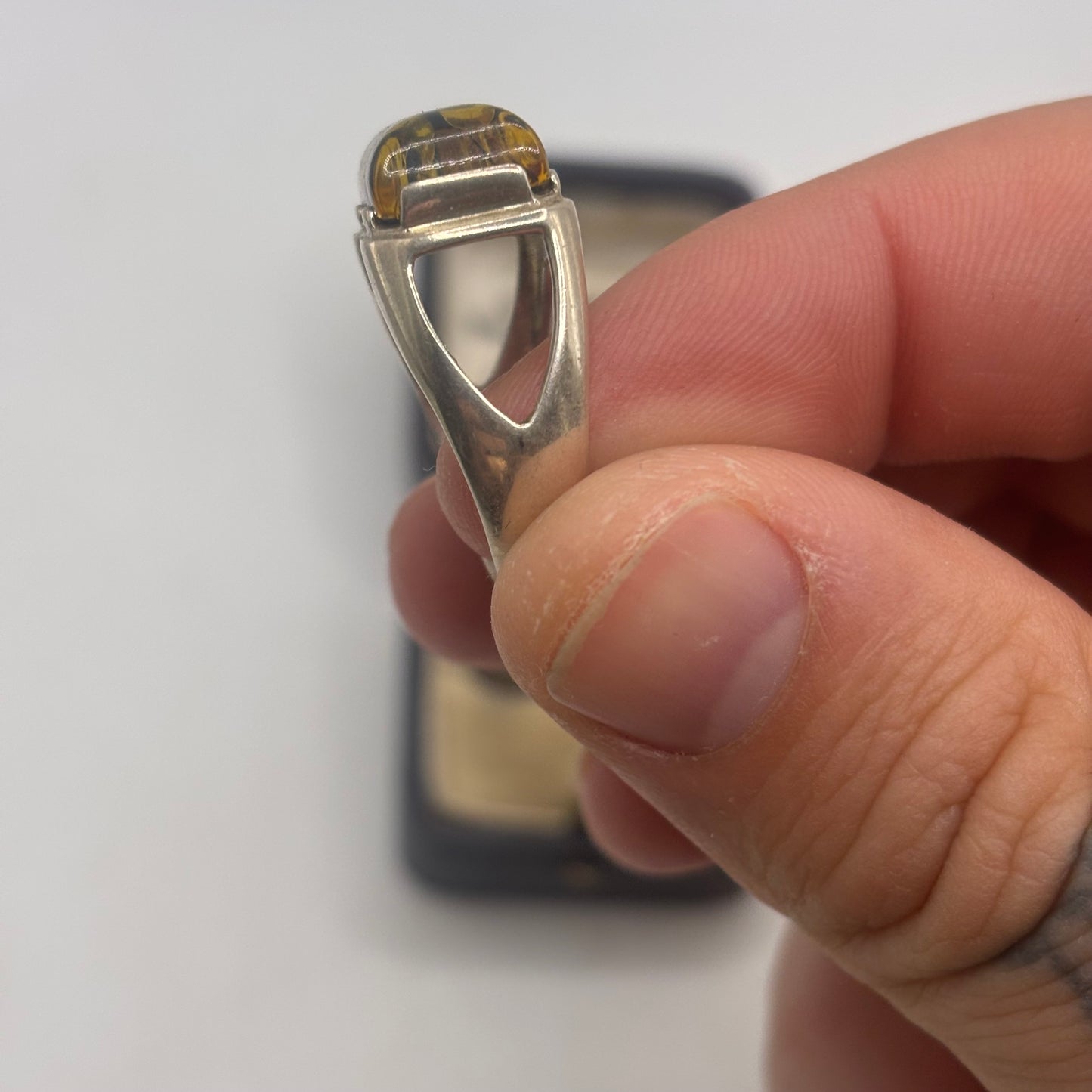 Silver Chunky Green Amber Ring (N)