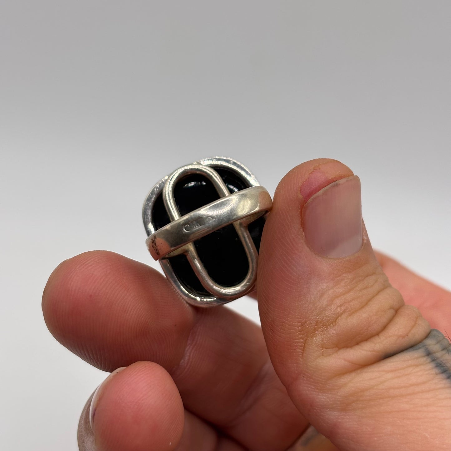 Silver Chunky Green Amber Ring